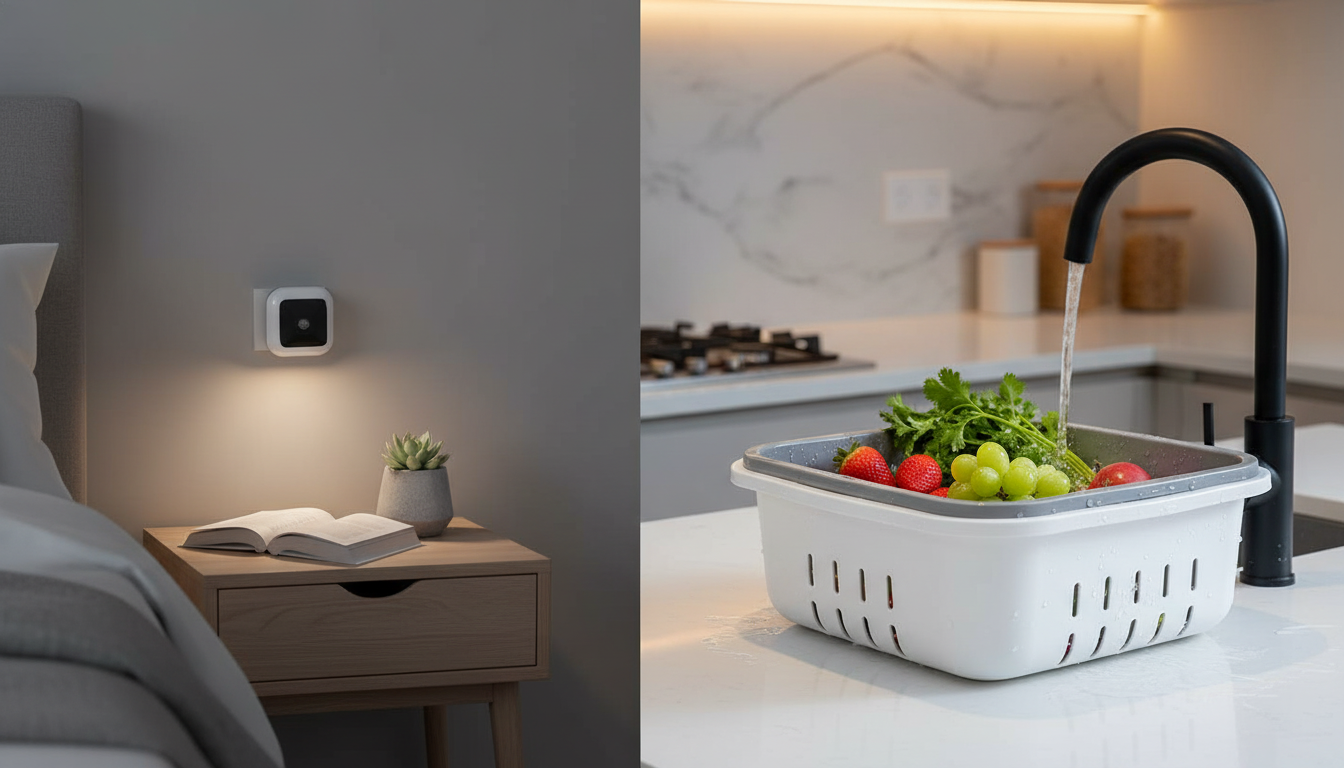 A Smart LED Sensor Night Lamp on a bedside table and a Versatile Kitchen Drain Basket Set on a kitchen counter.