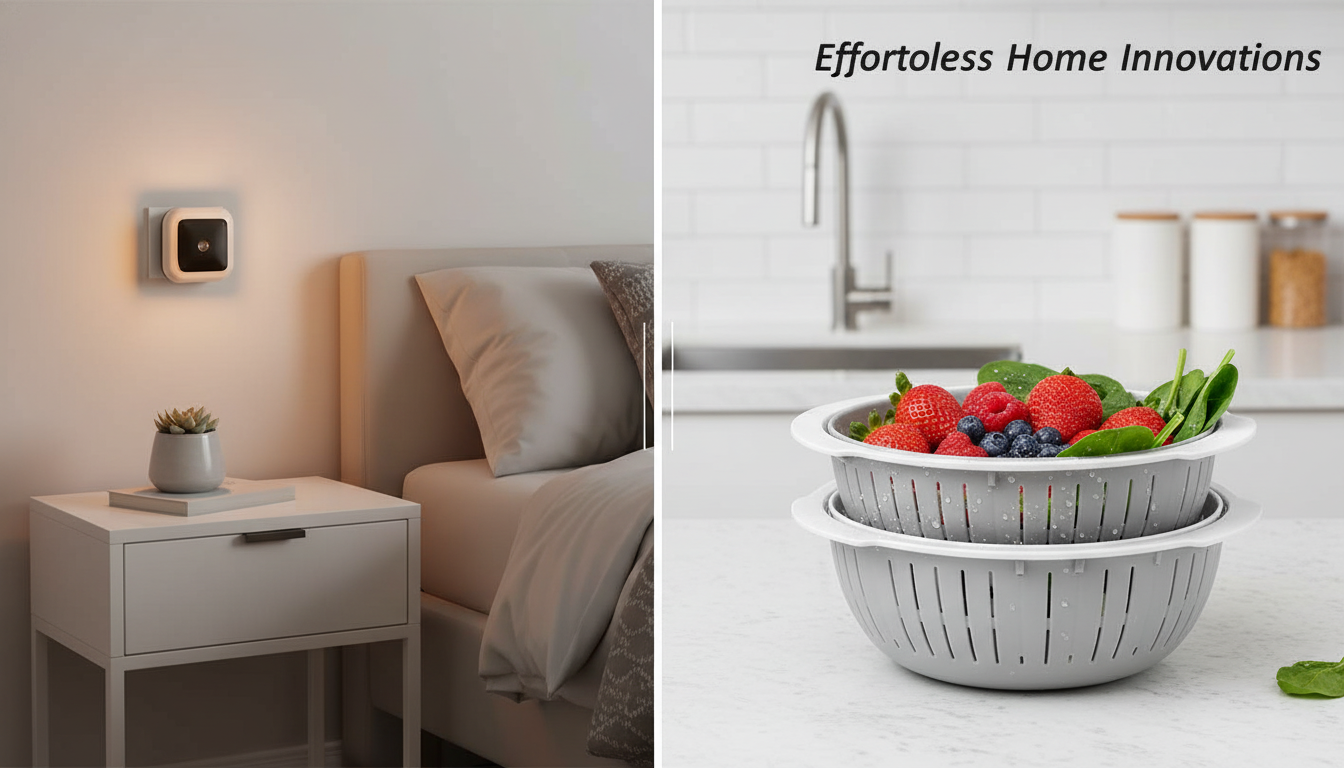 A Smart LED Sensor Night Lamp on a nightstand with a soft glow, and a Versatile Kitchen Drain Basket Set filled with fresh pr