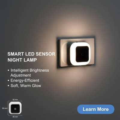 Smart LED Sensor Night Lamp on a nightstand, emitting a soft glow in a subtly darkened room, showcasing its light-sensing fea